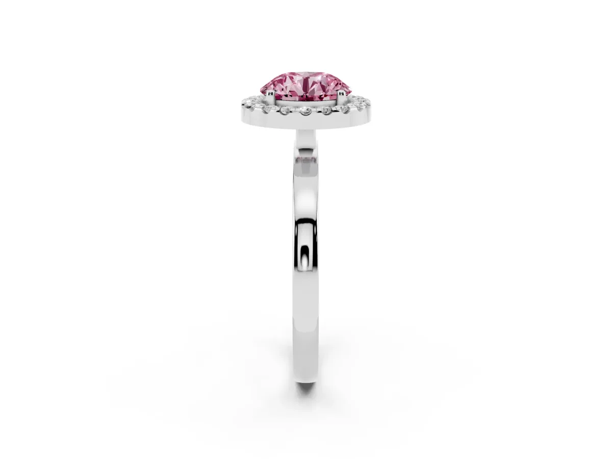 Fancy Pink Round Cut Halo Diamond Solitaire with Pavé Band and Four-Prong Setting Silver