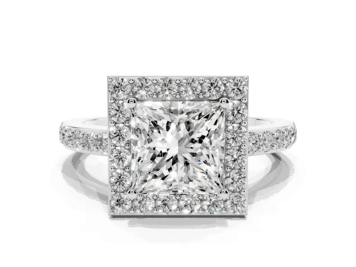 Princess Cut Halo Diamond Pavé Band Ring with Prong Setting Silver