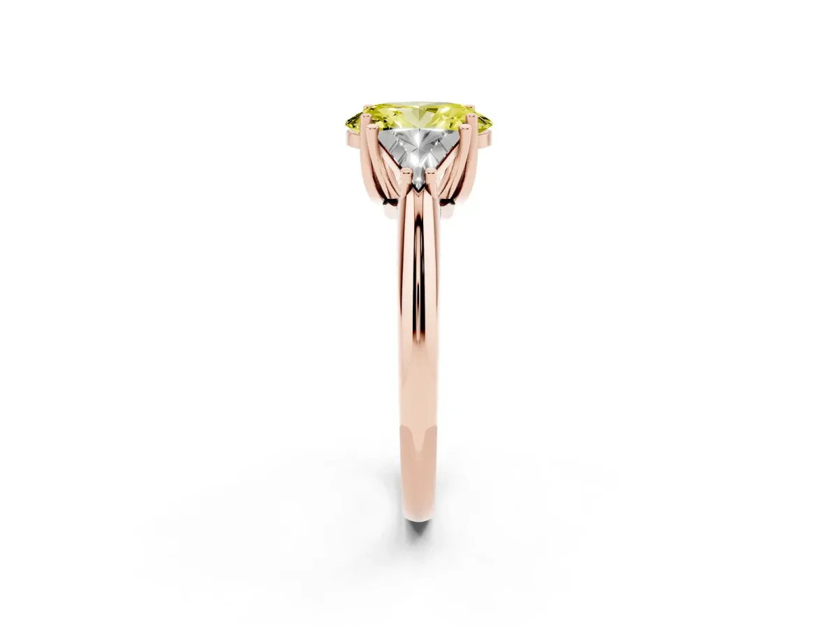 Fancy Yellow Three-Stone Oval Cut Diamond Engagement Ring with Trillion Side Stones and Prong Setting Rose gold