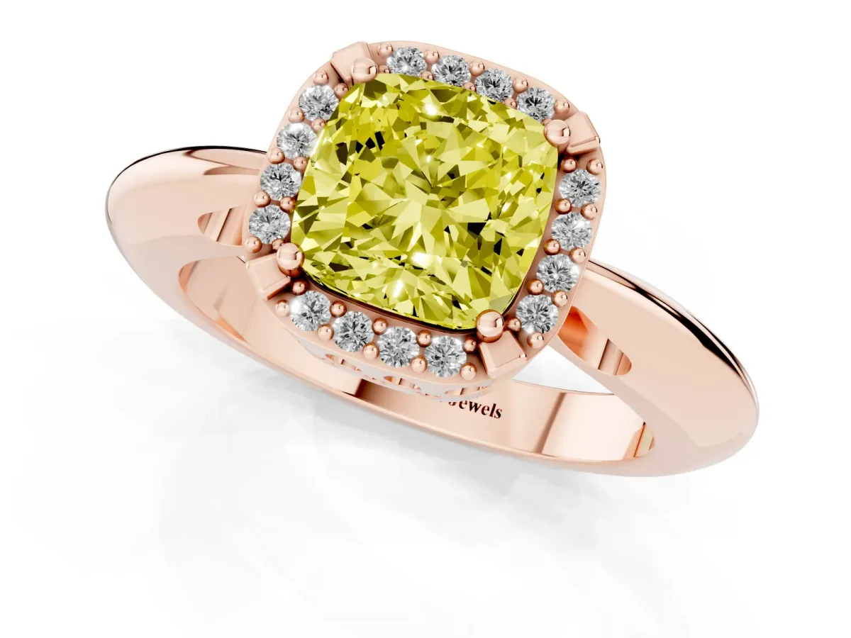 Fancy Yellow Cushion Cut Cut Diamond Halo Engagement Ring with Split Shank and Four-Prong Setting Rose gold