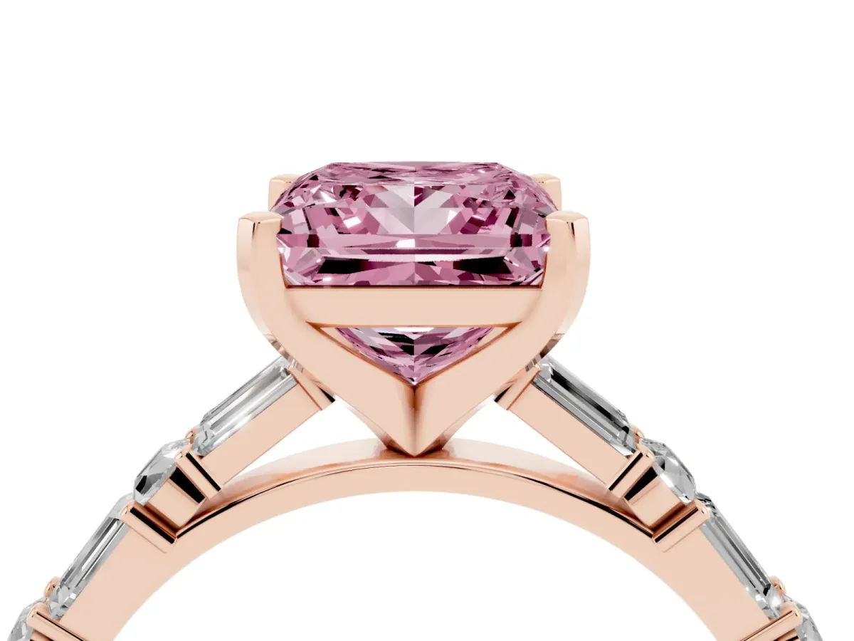 Fancy Pink Princess Cut Diamond Solitaire with Side Baguettes and Channel Set Band Rose gold