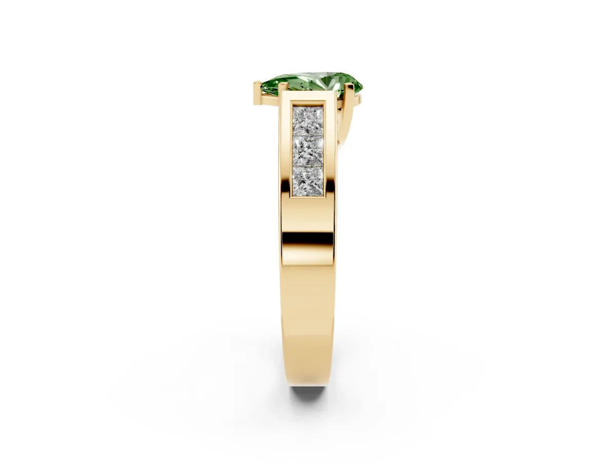 Fancy Green Pear Cut Cut Channel Set Solitaire Ring with Four-Prong Setting Yellow gold