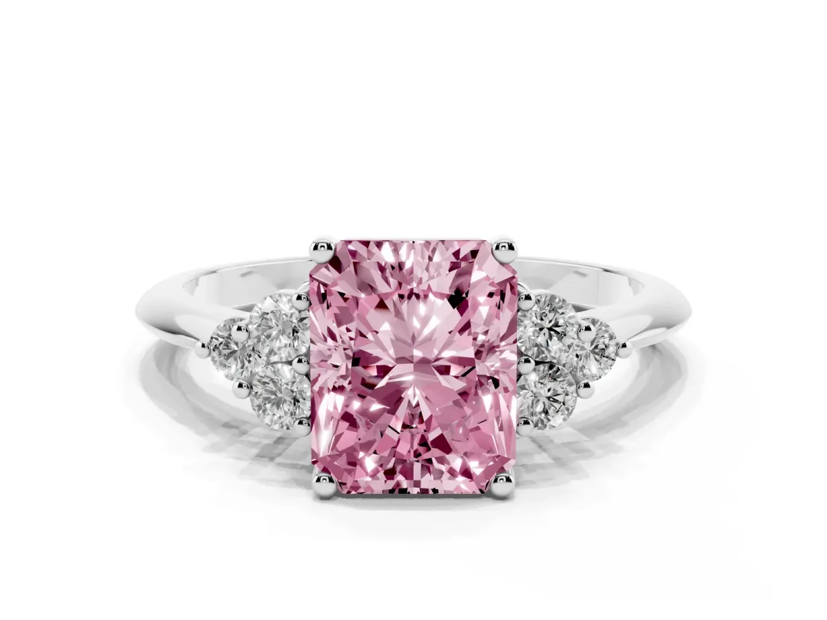 Fancy Pink Radiant Cut Cut Diamond Cluster Ring with Solitaire Band and Four-Prong Setting Silver