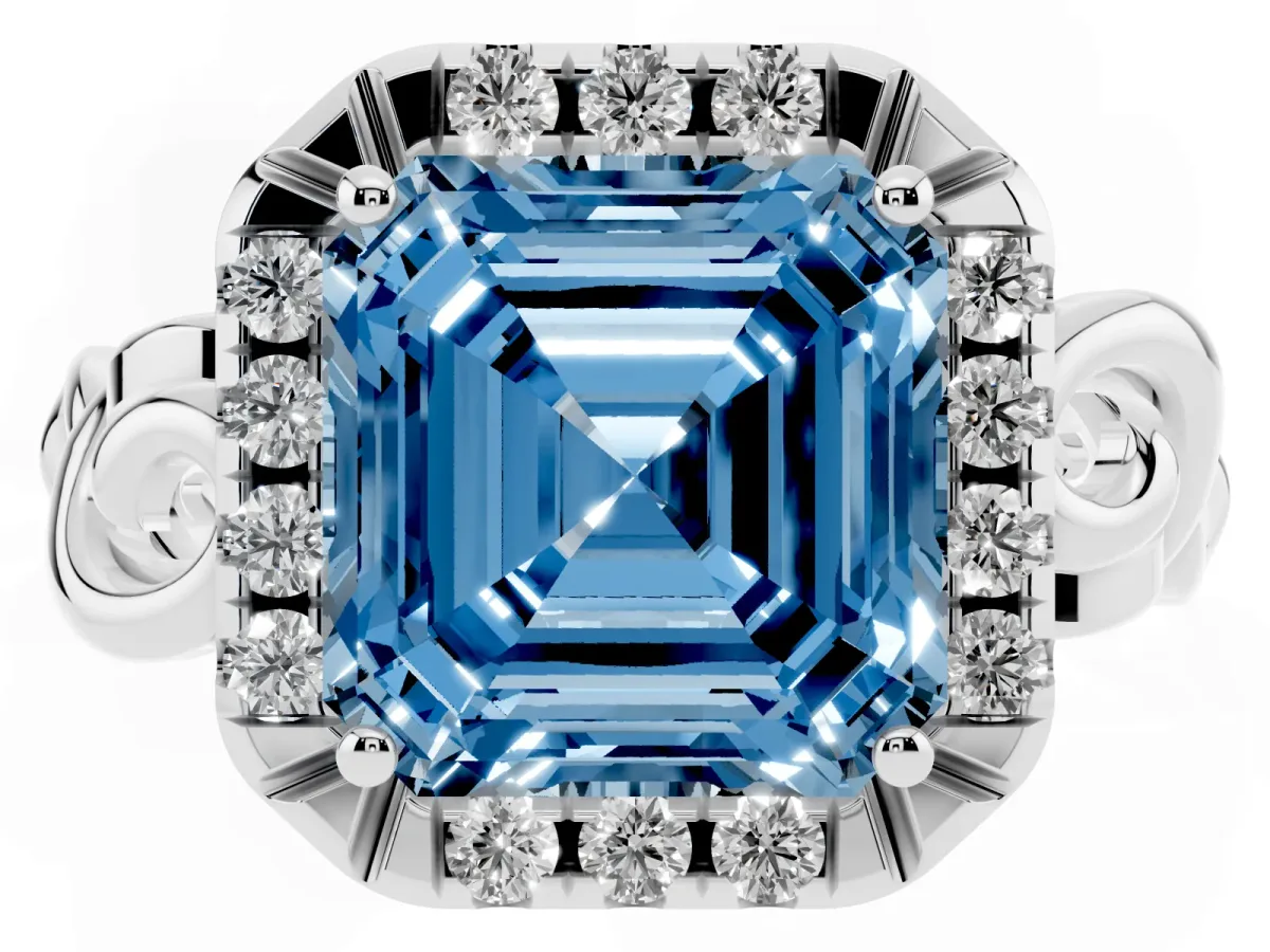 Fancy Blue Asscher Cut Cut Halo Diamond Ring with Scrollwork Band and Four-Prong Setting Silver
