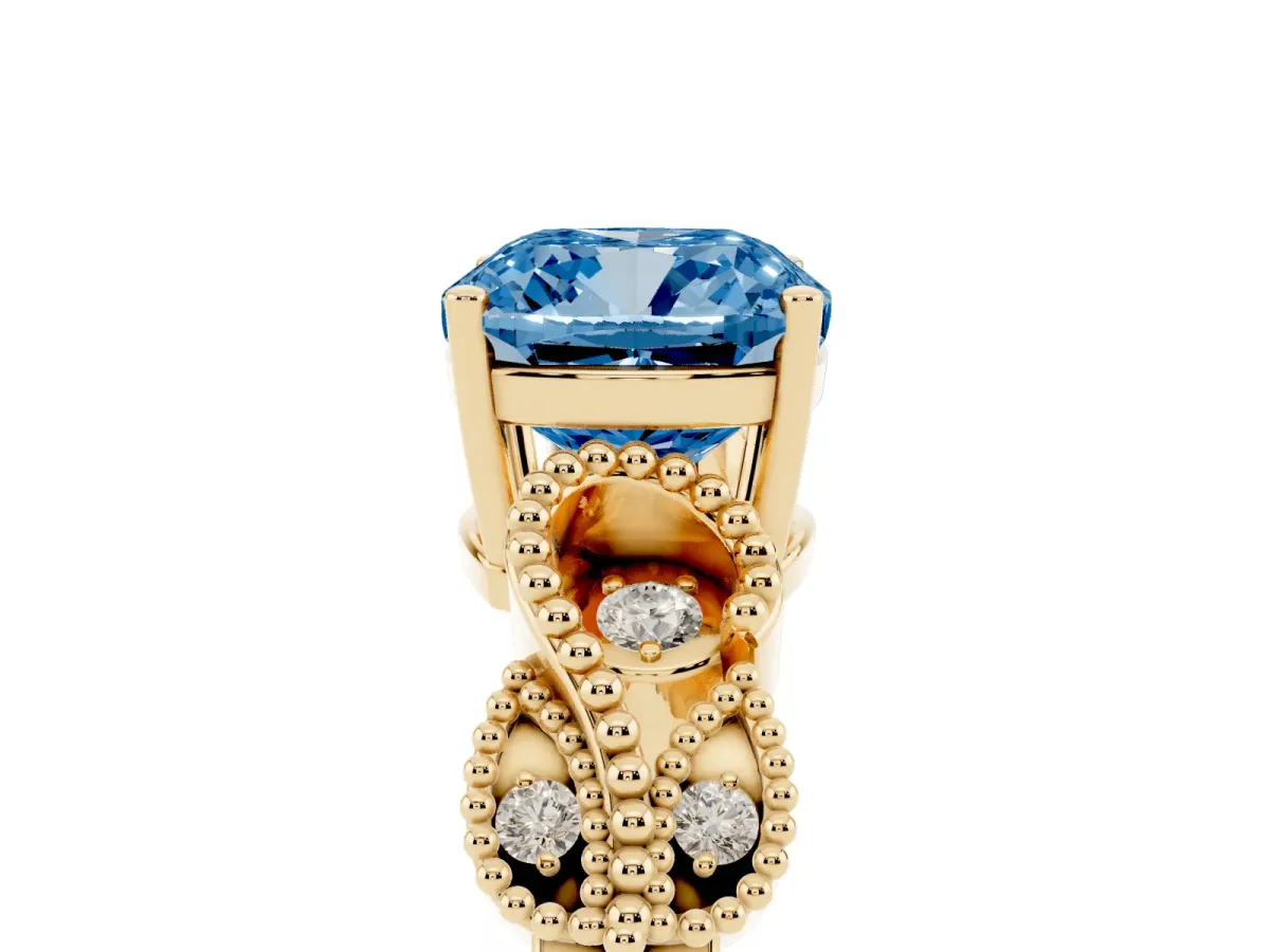 Fancy Blue Cushion Cut Solitaire Milgrain Leaf Band with Prong Setting Yellow gold