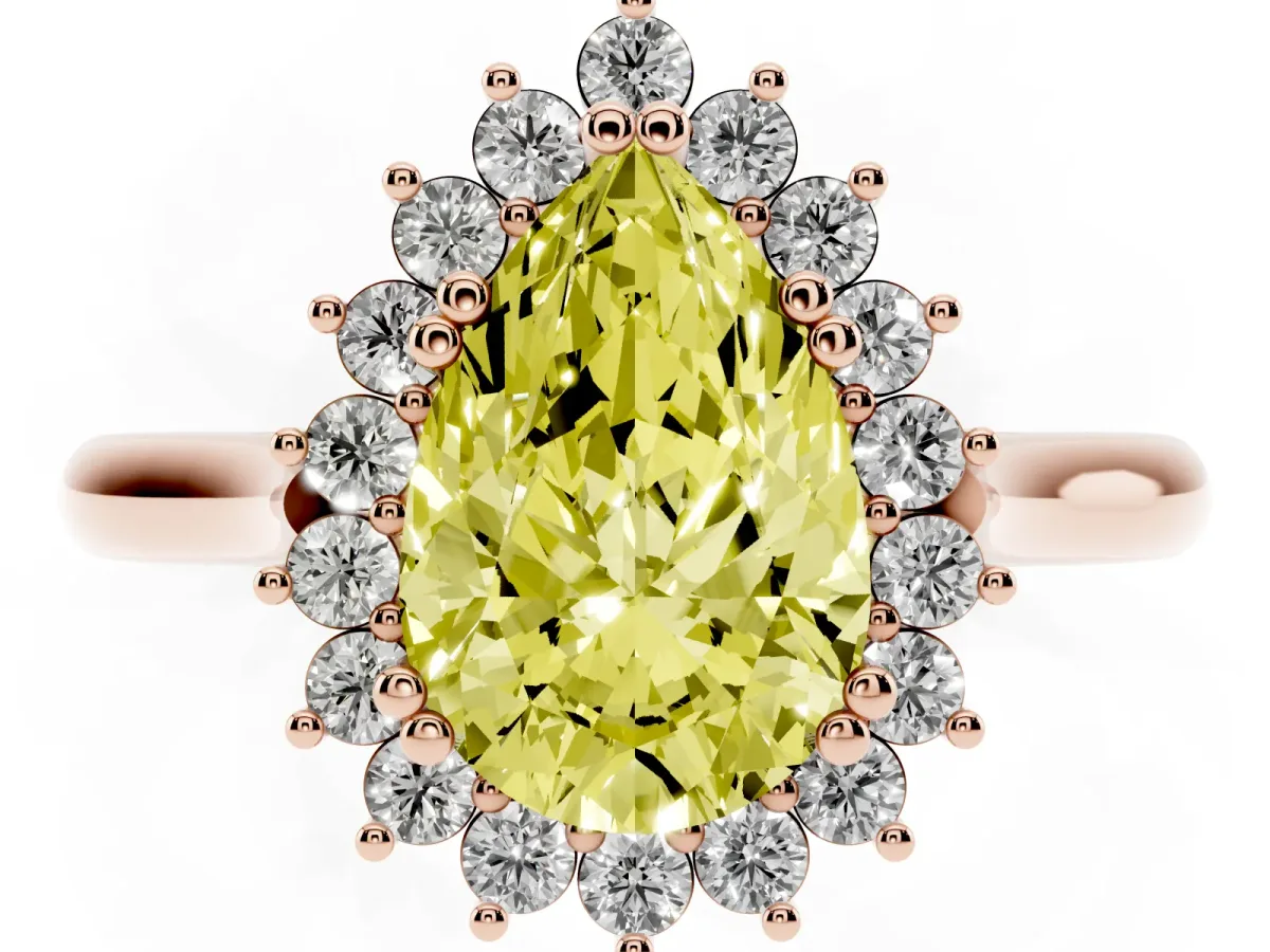 Fancy Yellow Pear Cut Cut Diamond Halo Ring with Solitaire Band and Prong Setting Rose gold