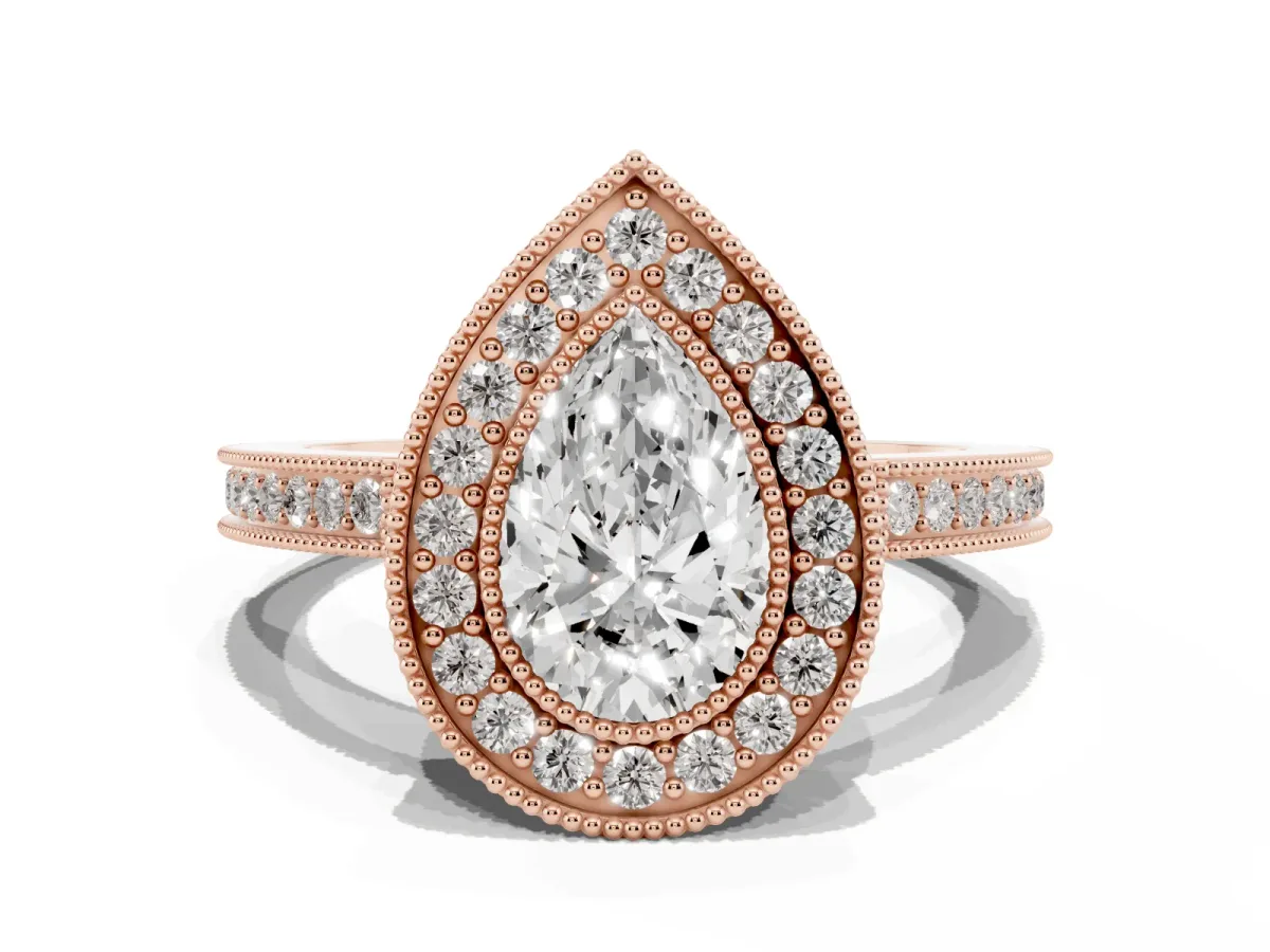 Pear Cut Cut Halo Diamond Ring with Pavé Band and Milgrain Prong Setting Rose gold