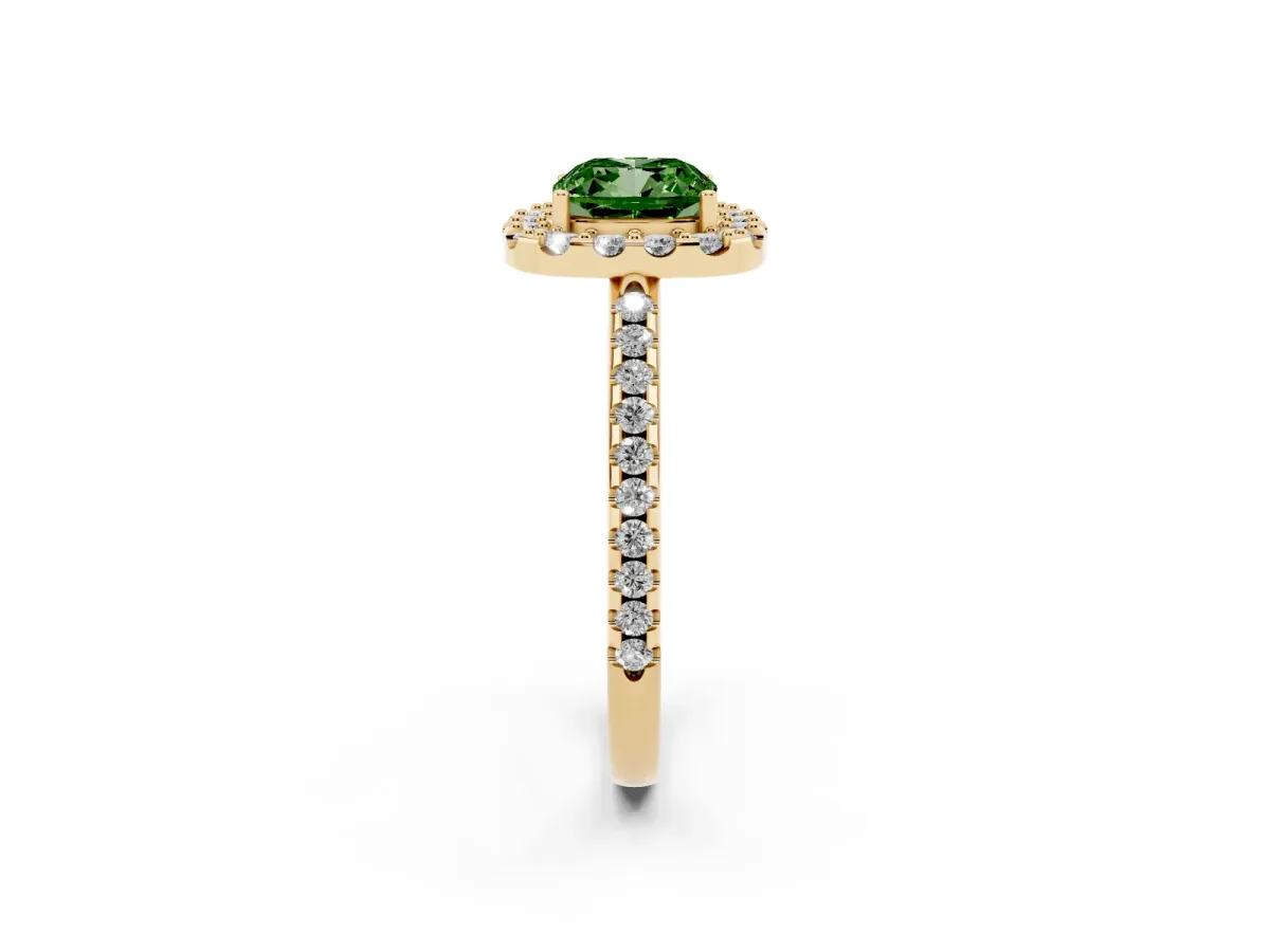 Fancy Green Cushion Cut Diamond Pavé Halo Ring with Four-Prong Setting Yellow gold