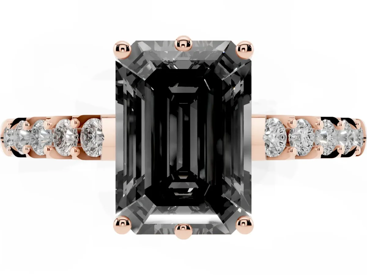 Fancy Black Emerald Cut Solitaire Diamond Engagement Ring with Pavé Band and Six-Prong Setting Rose gold