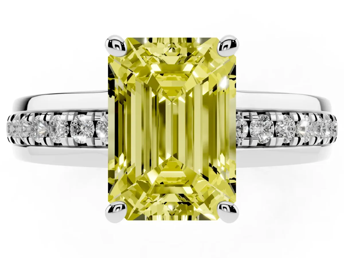 Fancy Yellow Emerald Cut Solitaire Diamond Ring with Channel Set Band and Six-Prong Setting Silver