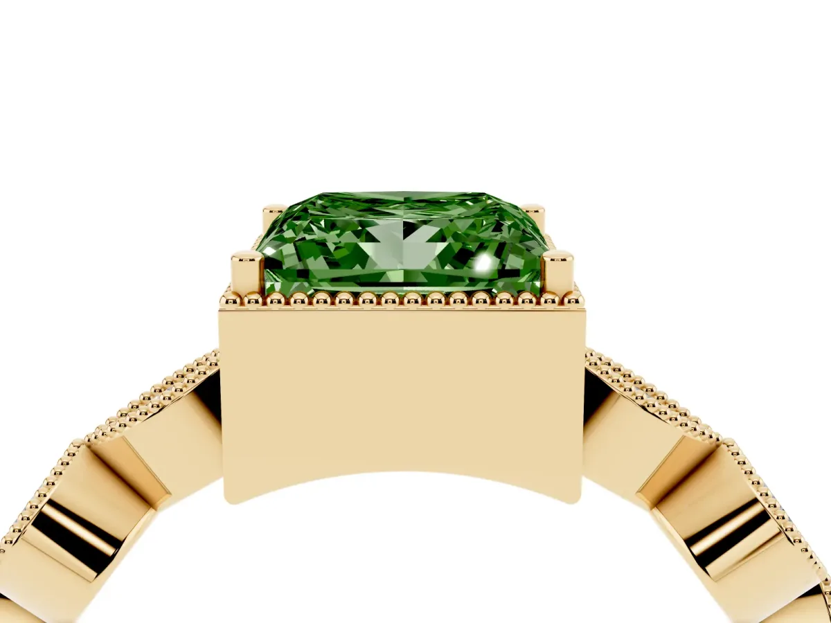Fancy Green Princess Cut Diamond Vintage Milgrain Ring with Round Stations Yellow gold