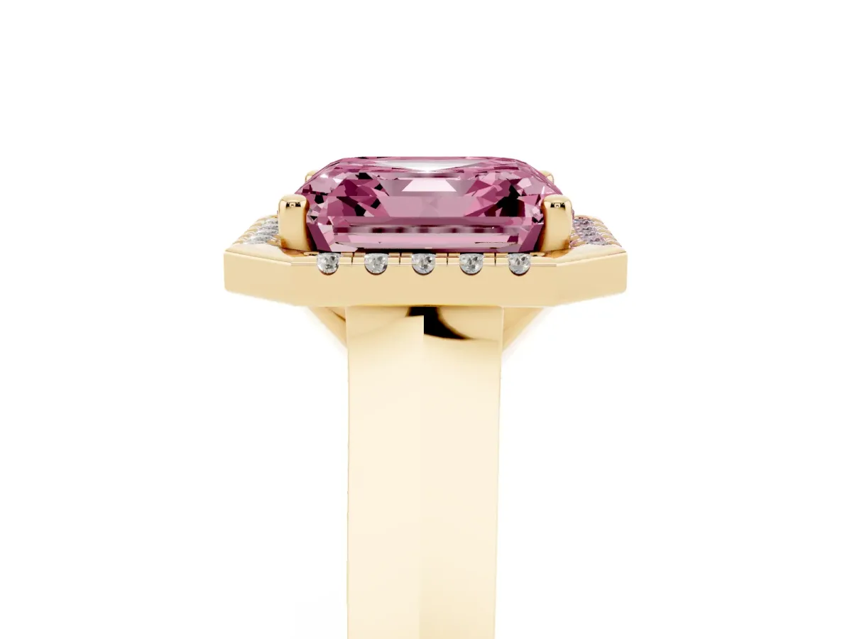 Fancy Pink Asscher Cut Halo Diamond Ring with Cathedral Band and Four-Prong Setting Yellow gold