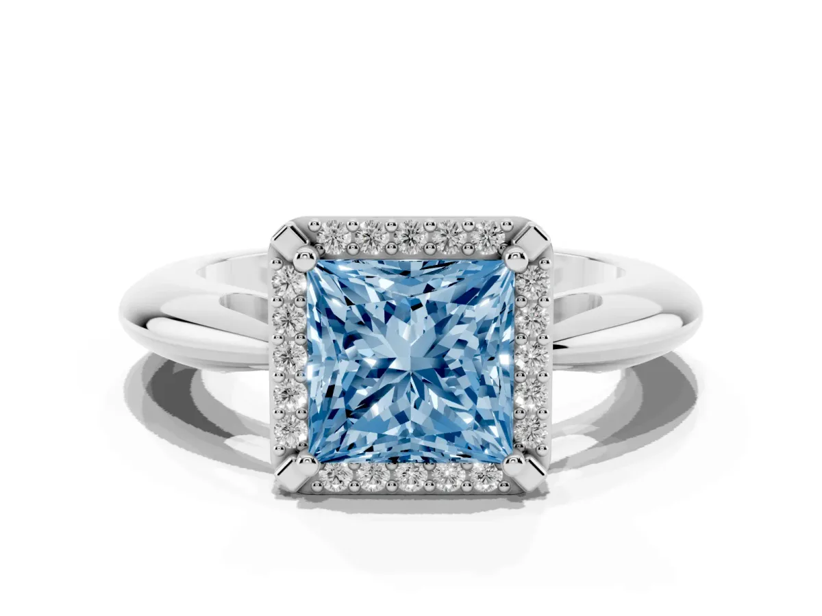 Fancy Blue Princess Cut Cut Diamond Halo Engagement Ring with Split Shank and Four-Prong Setting Silver