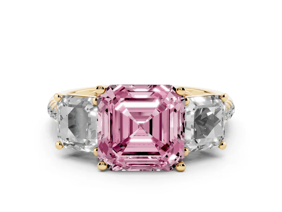 Fancy Pink Three-Stone Asscher Cut Diamond Ring with Round Pavé Band and Prong Setting Yellow gold