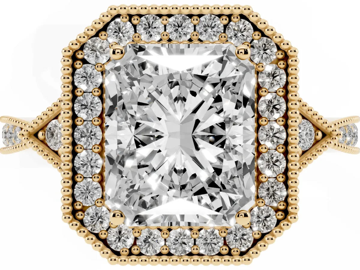 Radiant Cut Halo Round Diamond Milgrain Pave Engagement Ring Yellow gold