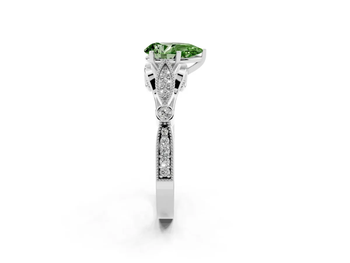 Fancy Green Pear Cut Cut Diamond with Milgrain Marquise and Bezel Accents on a Solitaire Band with Prong Setting Platinum