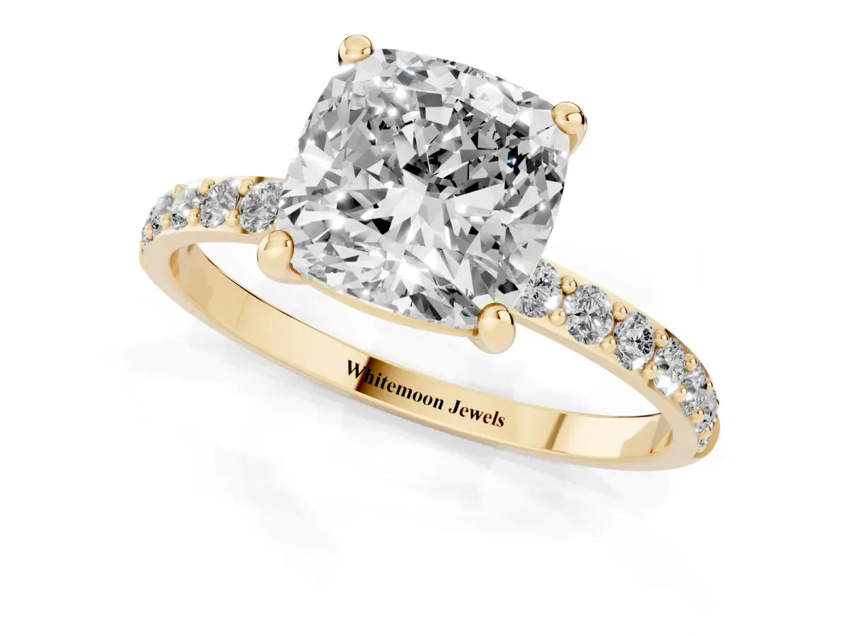 Cushion Cut Diamond Solitaire Ring with Round Pavé Band and Prong Setting Yellow gold