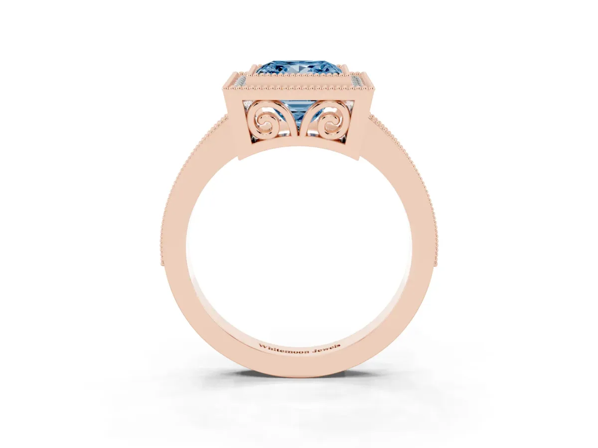 Fancy Blue Princess Cut Cut Halo Diamond Ring with Pavé Band and Milgrain Prong Setting Rose gold