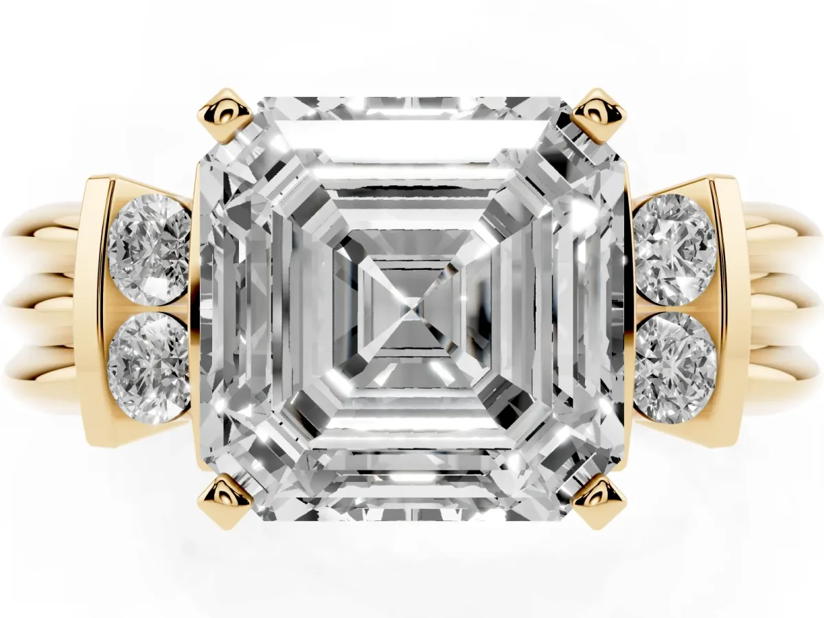 Asscher Cut Cut Three-Stone Channel Set Ring with Bar Prongs Yellow gold