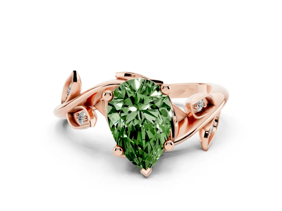 Fancy Green Pear Cut Solitaire Twist Engagement Ring with Leaf Accents and Prong Setting Rose gold