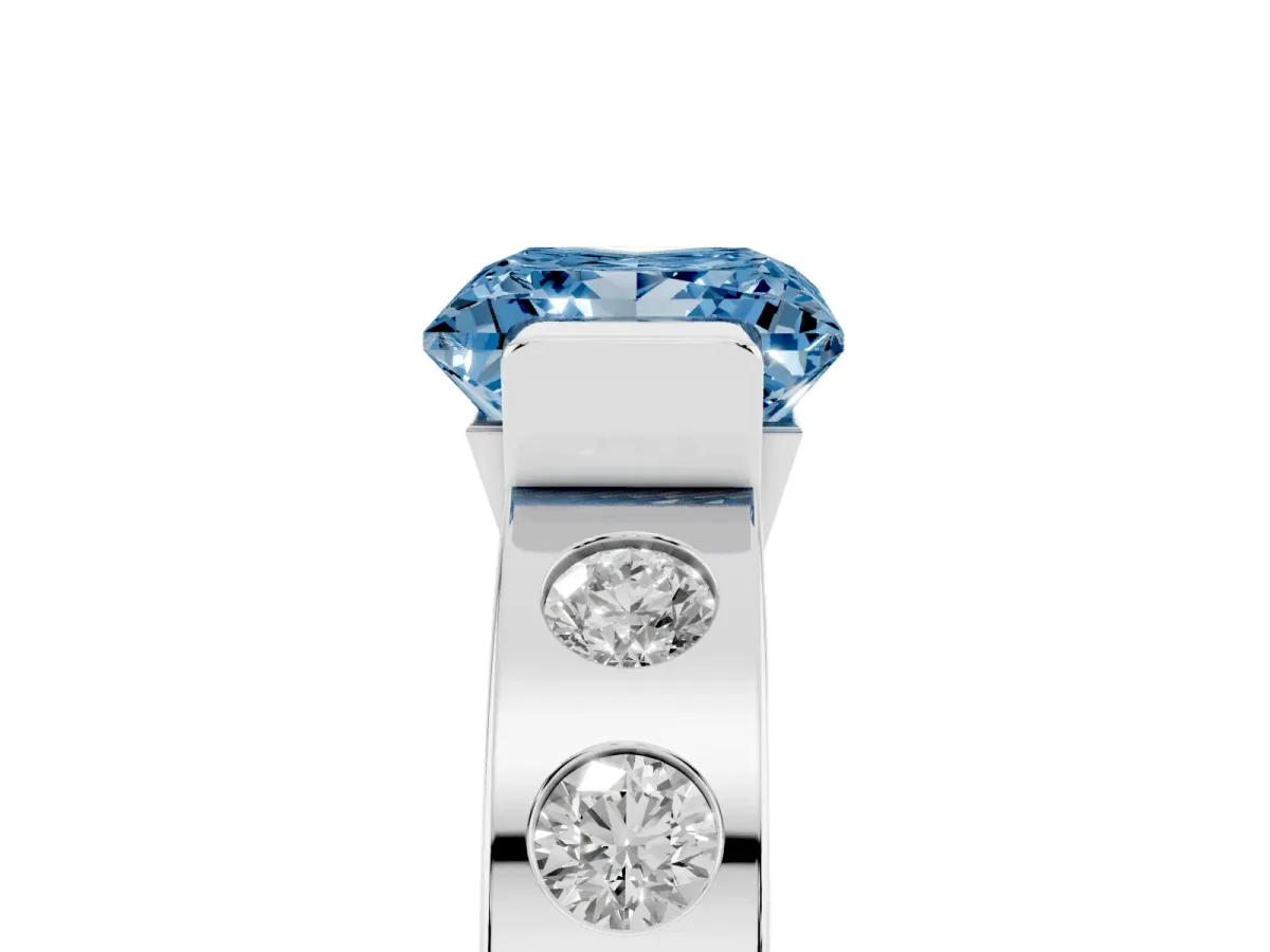 Fancy Blue Princess Cut Brilliant Channel-Set Diamond Ring with Bezel Prong Setting Silver