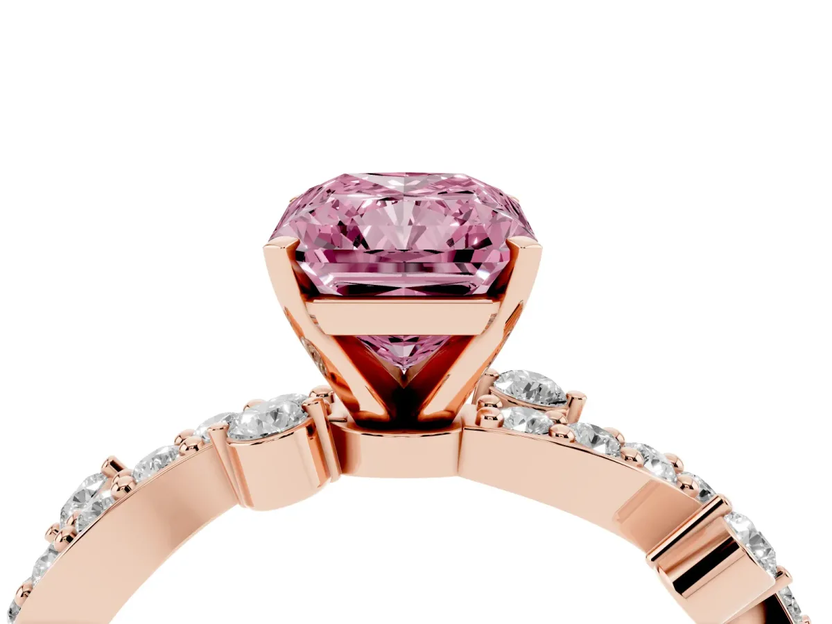 Fancy Pink Radiant Cut Cut Solitaire Diamond Twisted Band with Pave Setting Rose gold