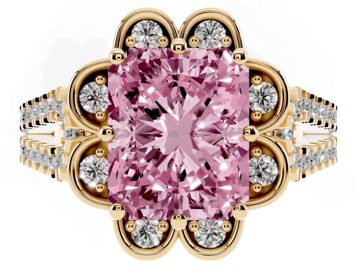 Fancy Pink Radiant Cut Halo Diamond Floral Split Shank Engagement Ring Yellow gold