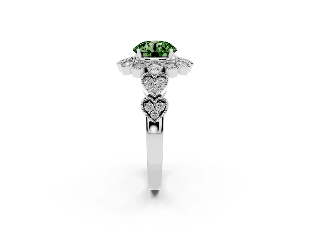 Fancy Green Round Cut Brilliant Milgrain Pave Heart Band Solitaire Ring Platinum