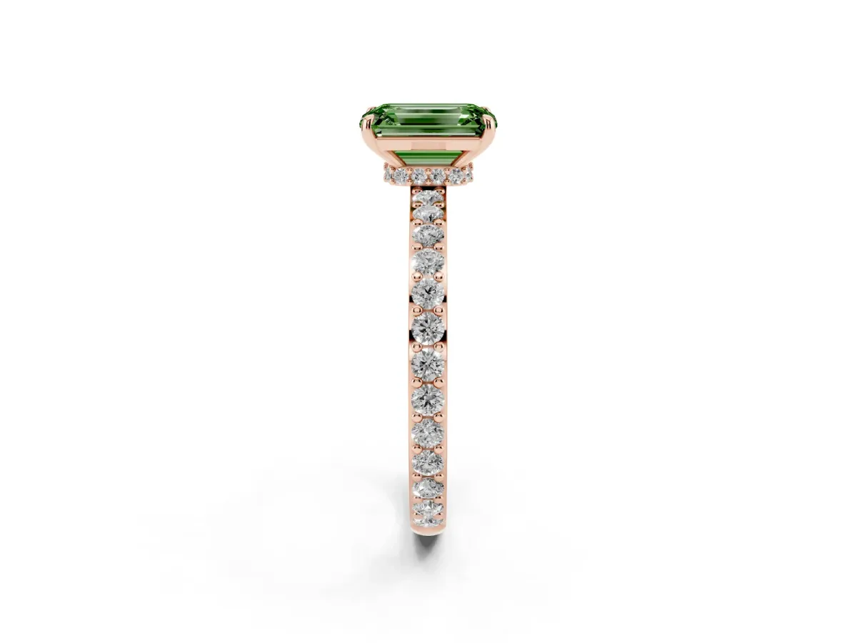 Fancy Green Emerald Cut Diamond Solitaire Engagement Ring with Pavé Band and Four-Prong Setting Rose gold