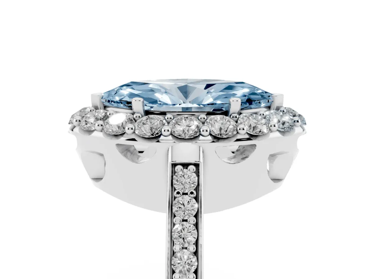 Fancy Blue Marquise Cut Diamond Floral Halo Ring with Pavé Band and Prong Setting White gold