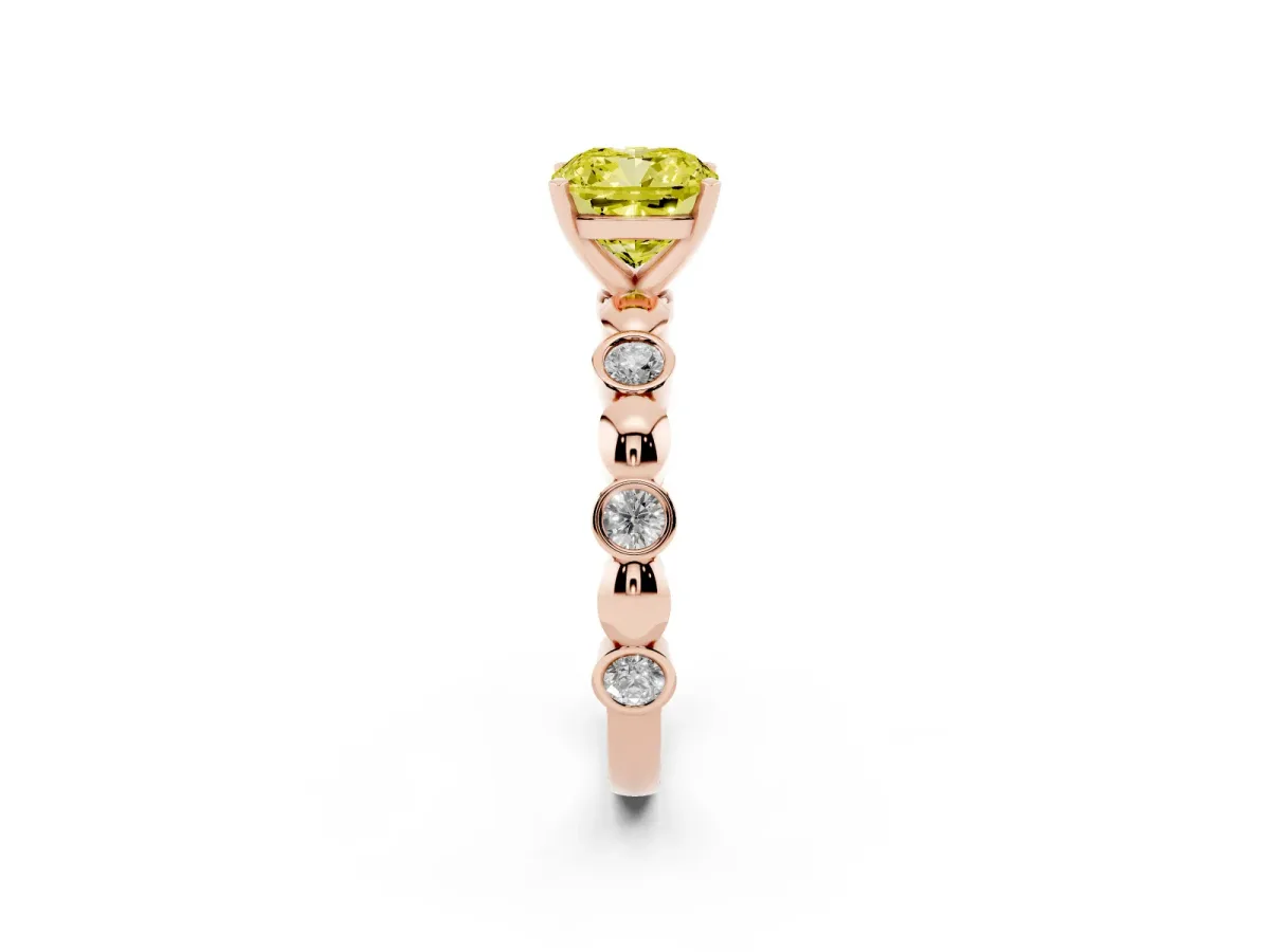 Fancy Yellow Cushion Cut Solitaire Bezel-Set Diamond Ring with Beaded Band and Four-Prong Setting Rose gold