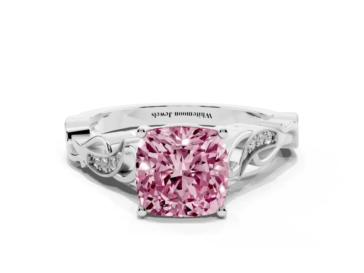 Fancy Pink Cushion Cut Solitaire Vine Band with Milgrain Prong Setting Silver