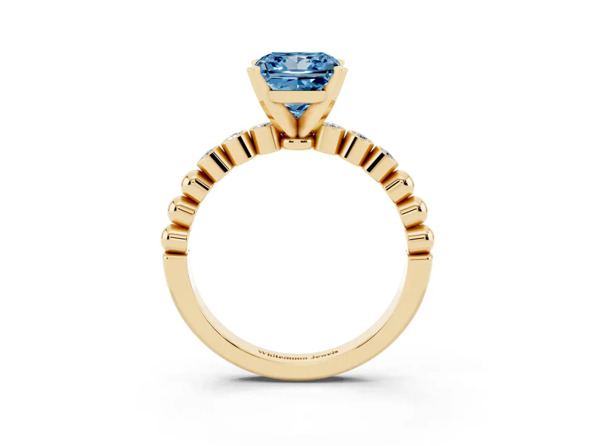 Fancy Blue Princess Cut Solitaire Bezel Accent Diamond Engagement Ring with Beaded Band and Four-Prong Setting Yellow gold