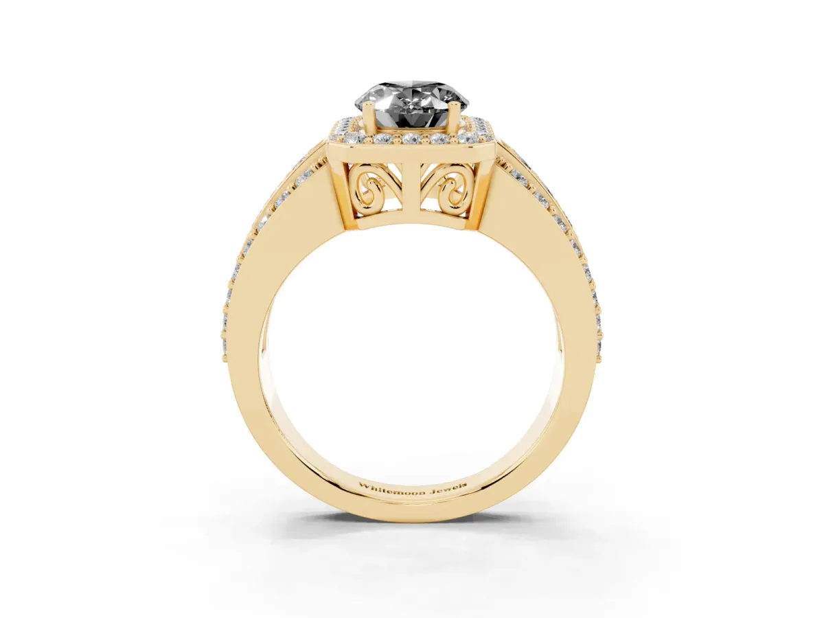 Fancy Black Oval Cut Halo Diamond Ring with Round Split Shank and Prong Setting Yellow gold