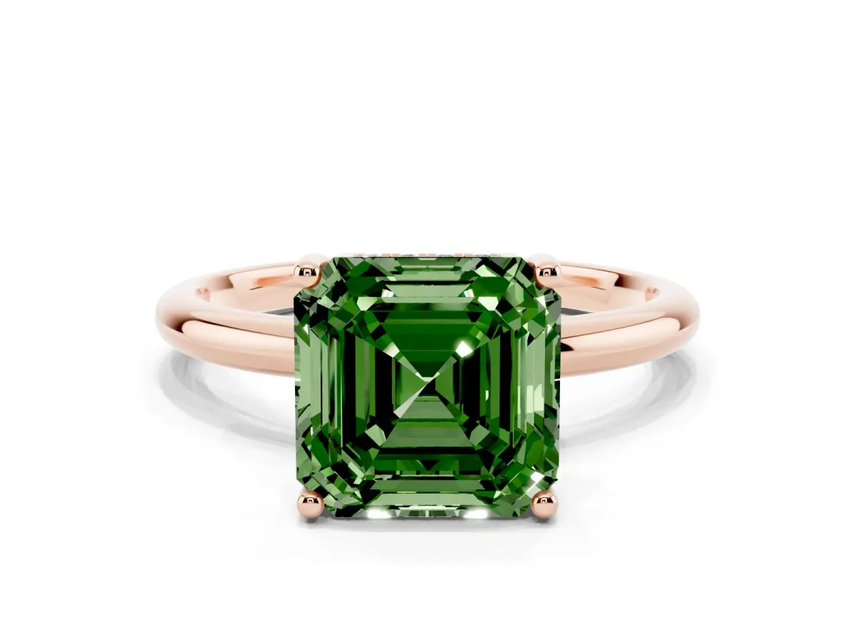 Fancy Green Asscher Cut Cut Solitaire Engagement Ring with Four-Prong Setting and Classic Band Rose gold