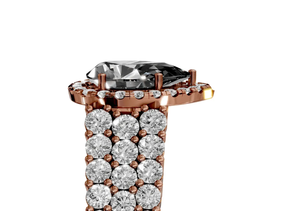 Fancy Black Pear Cut Diamond Halo Engagement Ring with Triple Row Round Pavé Band and Prong Setting Rose gold