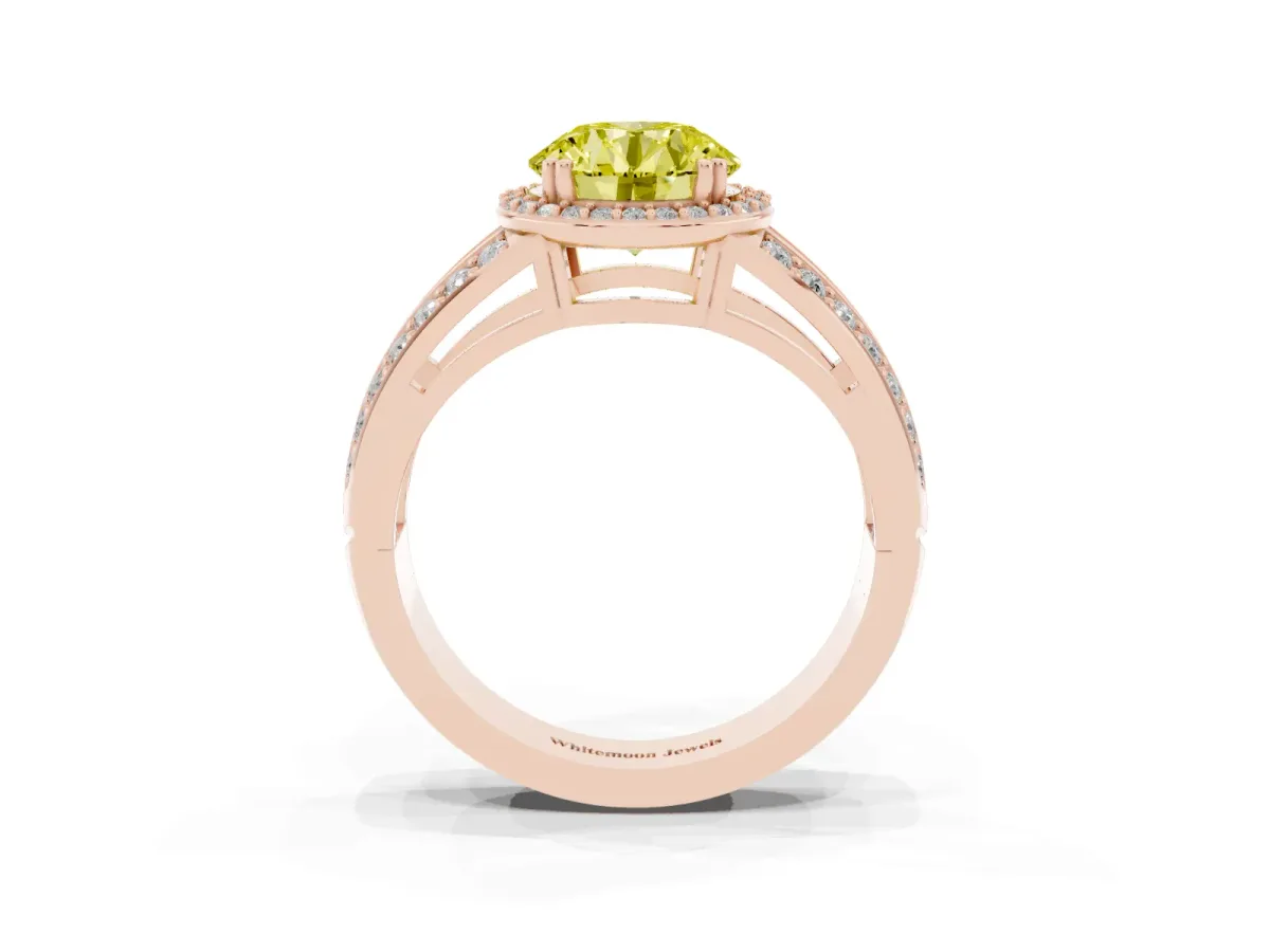 Fancy Yellow Round Cut Diamond Halo Ring with Split Shank Pavé Band and Four-Prong Setting Rose gold
