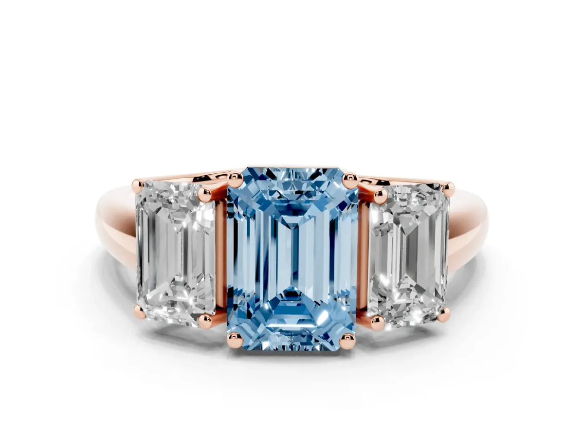 Fancy Blue Three-Stone Emerald Cut Diamond Engagement Ring with Prong Setting Rose gold