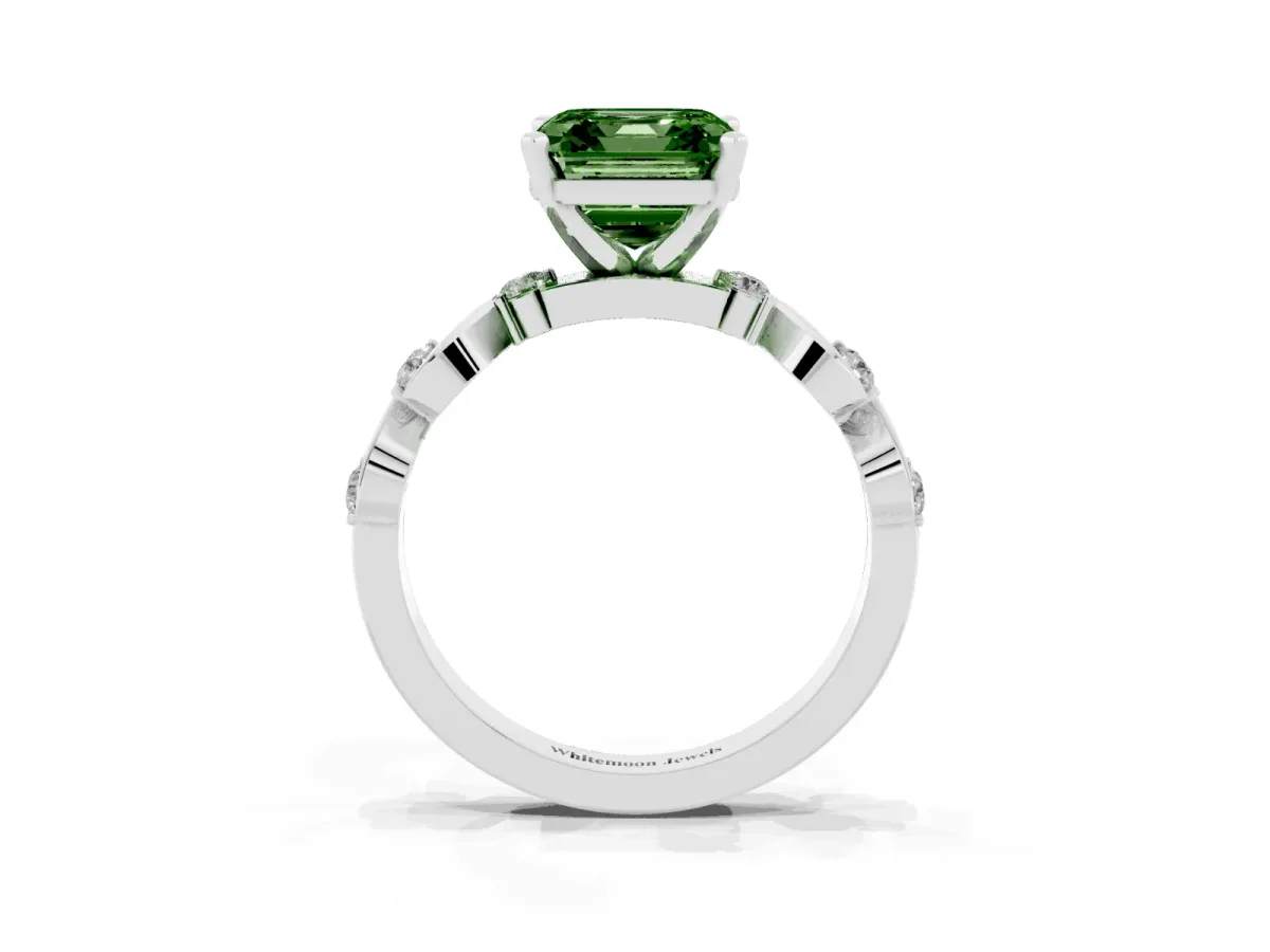 Fancy Green Asscher Cut Diamond Solitaire Twisted Band with Round Accents and Prong Setting Platinum