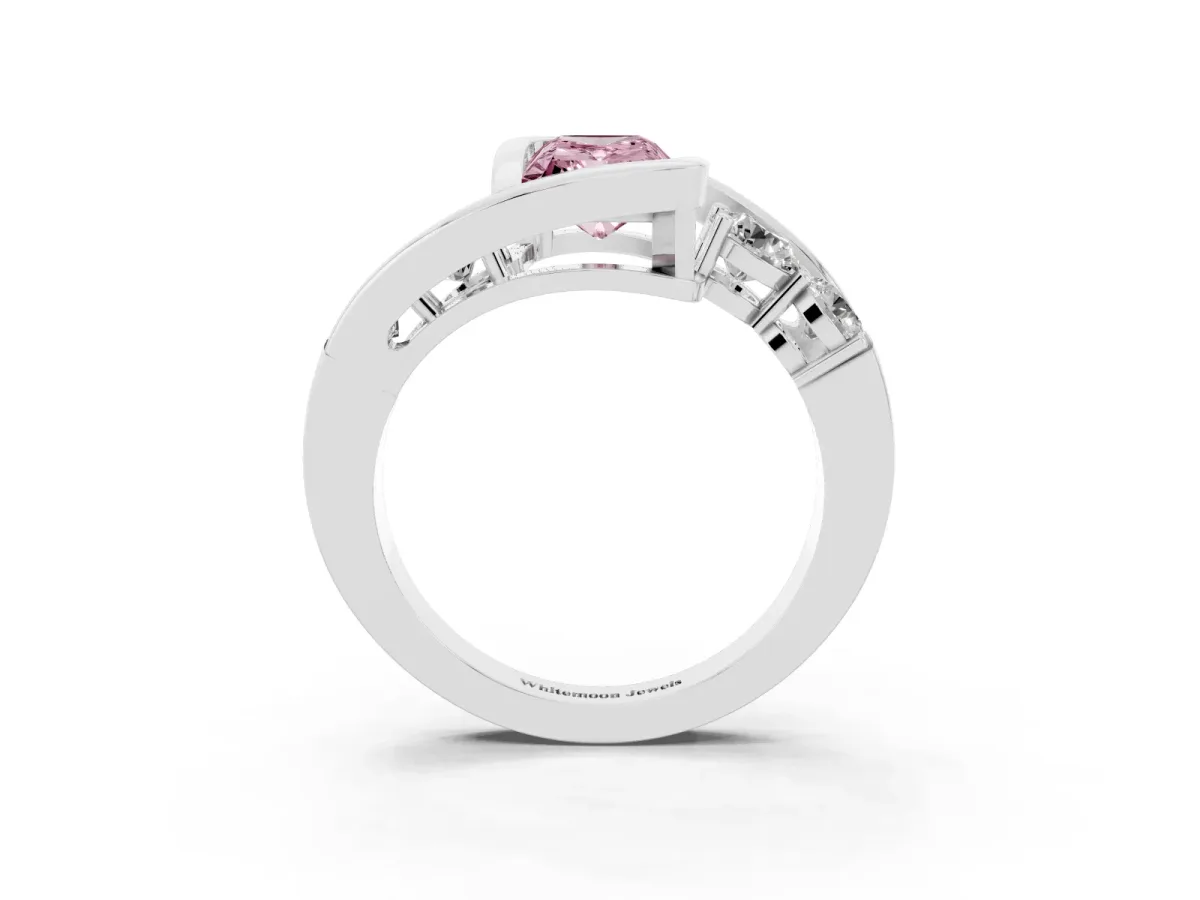 Fancy Pink Bezel Set Radiant Cut Diamond Bypass Ring with Round Accents Silver