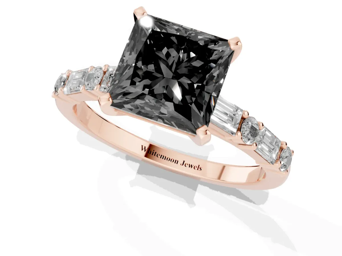 Fancy Black Princess Cut Diamond Solitaire with Side Baguettes and Channel Set Band Rose gold