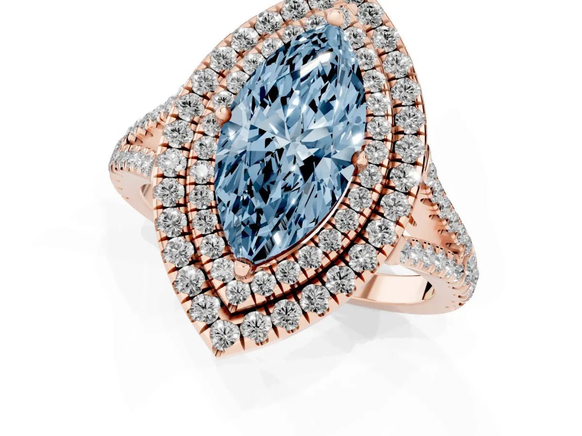 Fancy Blue Marquise Cut Diamond Double Halo Ring with Pavé Band and Prong Setting Rose gold
