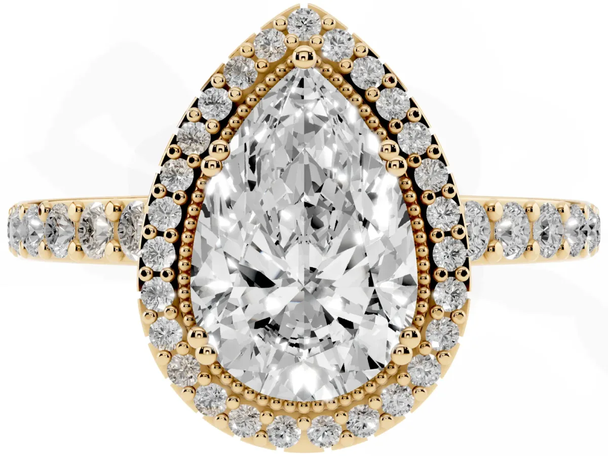 Pear Cut Cut Diamond Halo Engagement Ring with Milgrain Detail and Pavé Band Yellow gold
