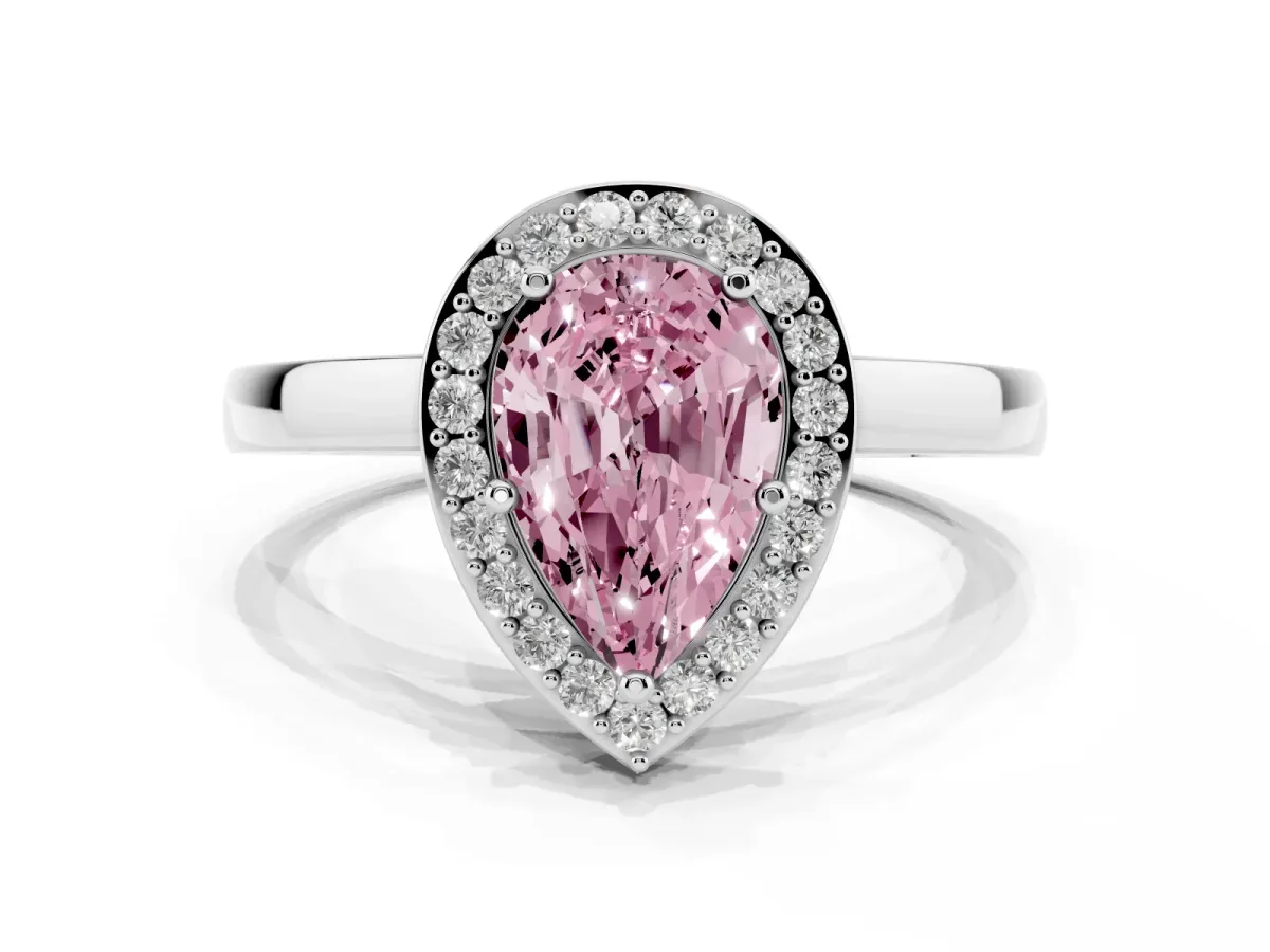 Fancy Pink Pear Cut Halo Diamond Ring with Solitaire Band and Prong Setting Silver