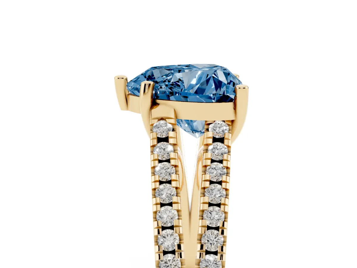 Fancy Blue Heart Cut Diamond Solitaire Engagement Ring with Split Shank Pavé Band Yellow gold