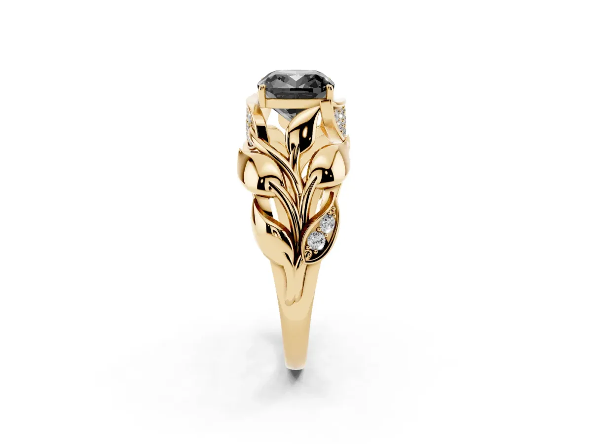 Fancy Black Cushion Cut Diamond Leaf-Inspired Engagement Ring with Round Accents and Prong Setting Yellow gold