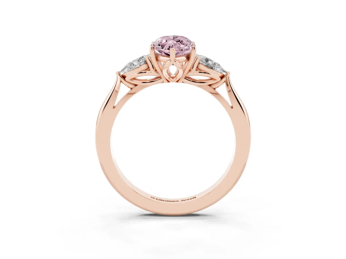 Fancy Pink Three-Stone Marquise Cut Brilliant Diamond Solitaire Ring with Tapered Band and Four-Prong Setting Rose gold