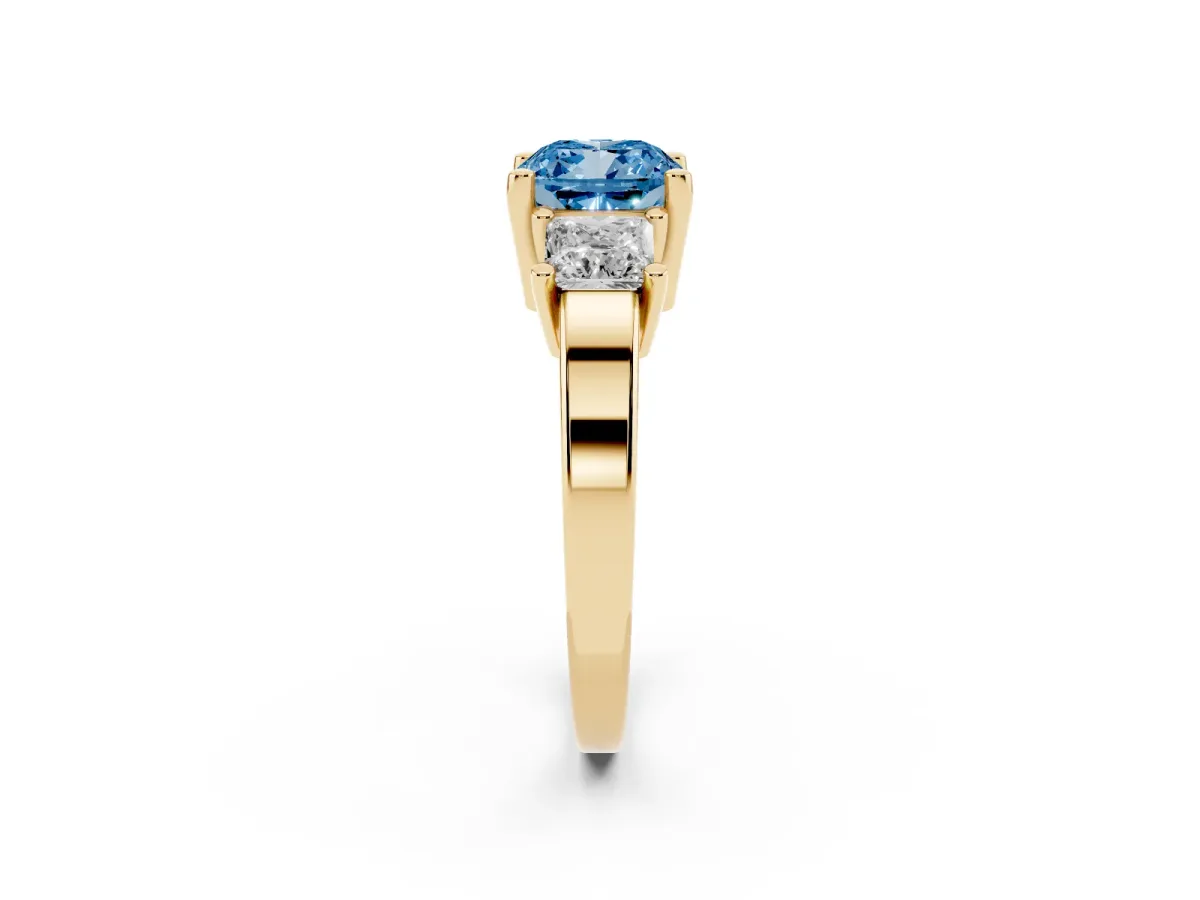 Fancy Blue Three-Stone Cushion Cut Cut Solitaire Ring with Prong Setting Yellow gold
