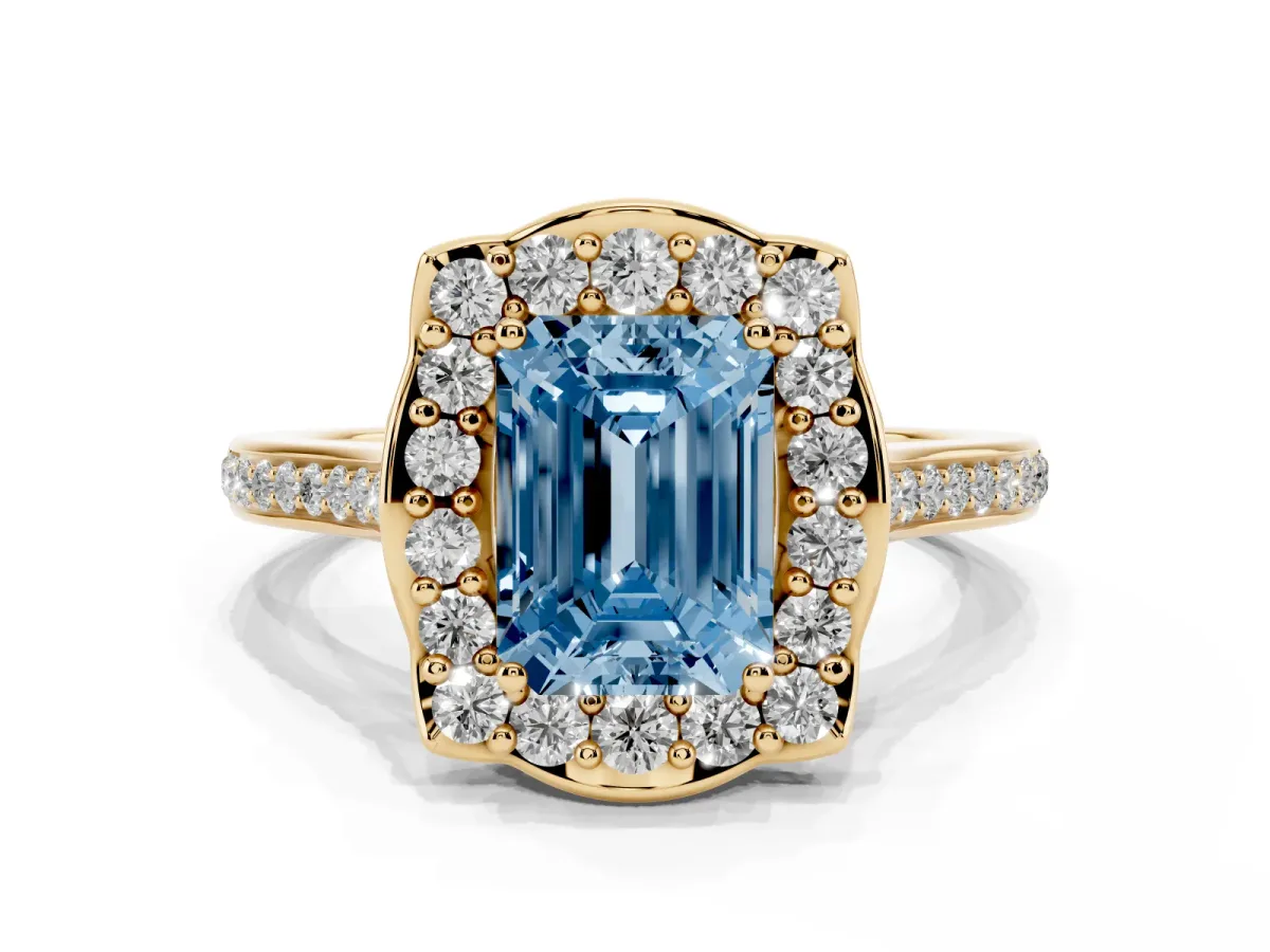 Fancy Blue Emerald Cut Halo Round Diamond Pave Band with Four-Prong Setting Yellow gold