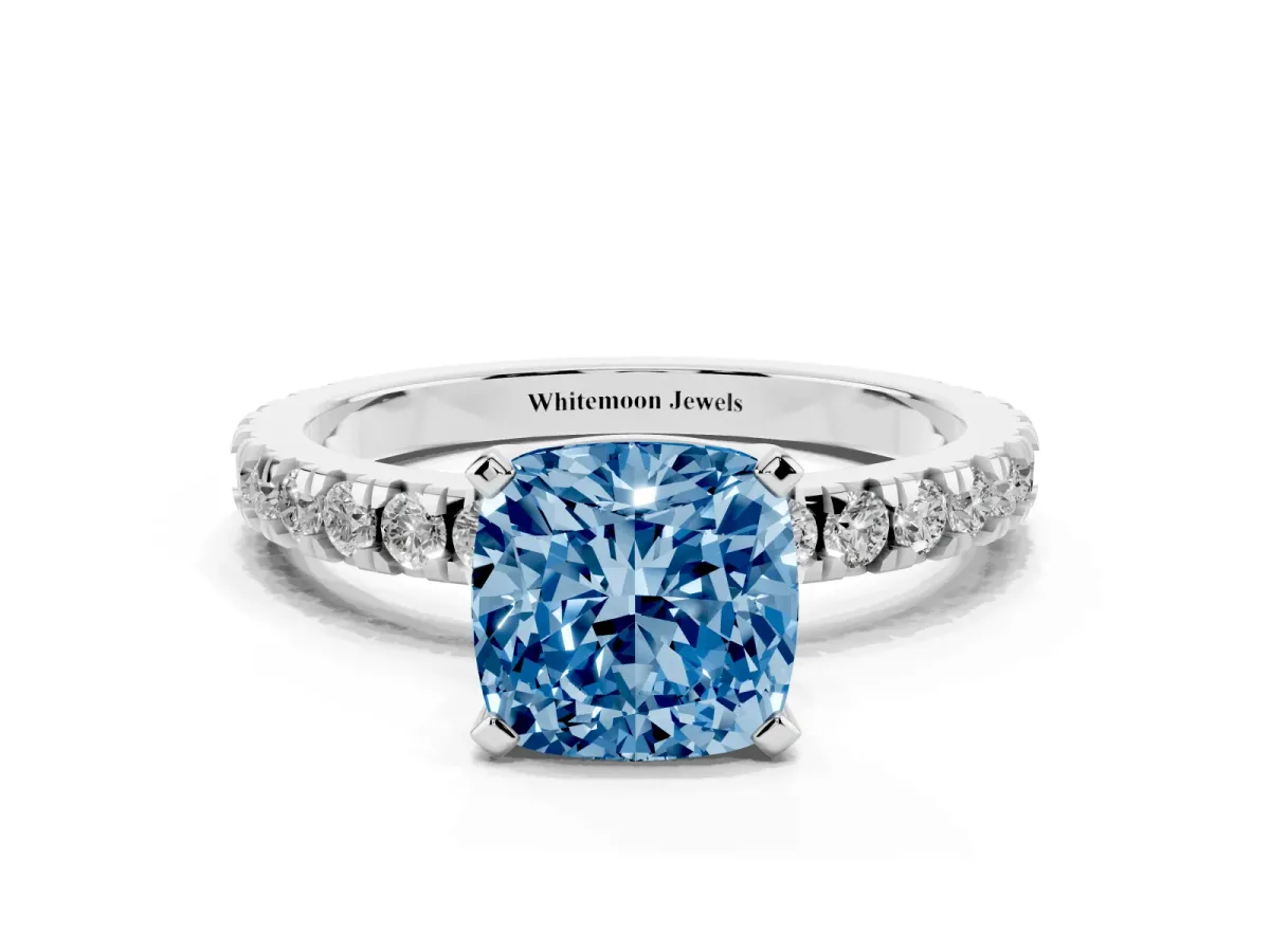 Fancy Blue Cushion Cut Diamond Pavé Band Solitaire with Four-Prong Setting Platinum